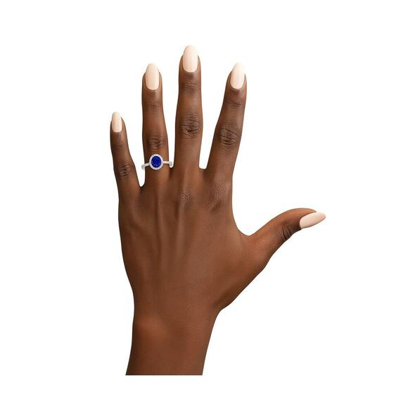 1 1/2 Carat Oval Created Sapphire & Diamond Halo Ring in Sterling Silver - Picture 2 of 6